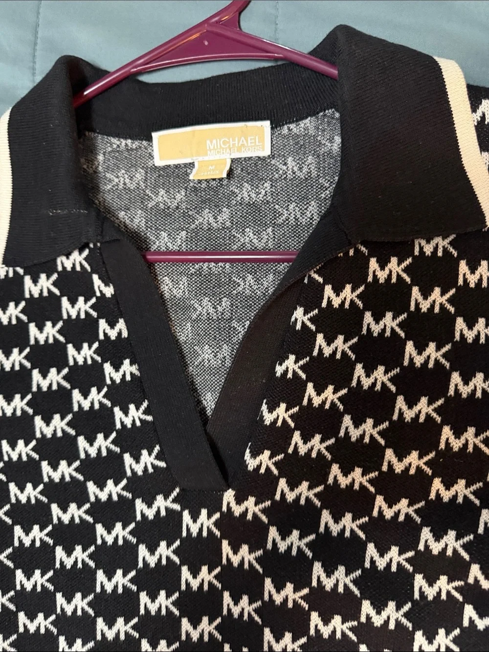 Michael Kors Black & White All-Over MK Logo Polo